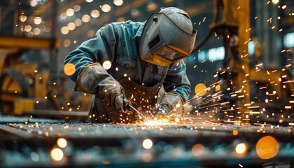 A worker operating a large industrial machine in a bustling factory, sparks flying as metal is being welded