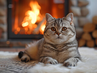 a grey cat with big, expressive eyes sitting on a white rug in front of a fireplace with a fire burning