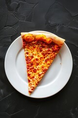 Slice of fresh cheese pizza on white plate, top view on black background. Traditional Italian cuisine dish