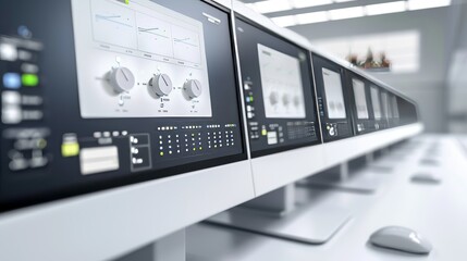 Cutting-edge machinery and control panels, sophisticated interface design, monitors displaying meticulous process, detailed and futuristic