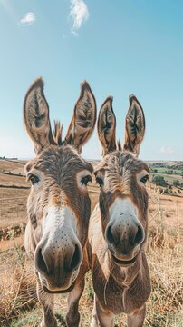 Close-up of two donkeys in a field on a sunny day