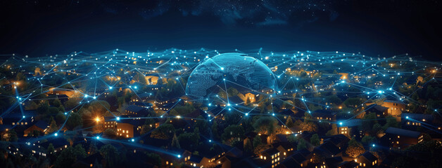 3D Visualization of Smart City Technology Global Network with Houses and Streets, Digital Map of Earth with Glowing Connections at Night, Arial View of Villages in Forest, Digital Innovation