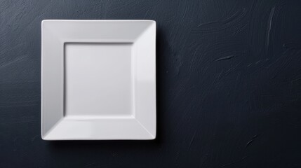 Elegantly adorned white square plates, minimalist design, set against a dark background, clean lines, sophisticated and refined