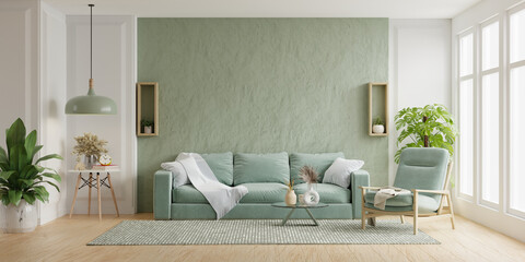 Stylish living room with sage green accents and modern furniture- 3D rendering © Vanitjan