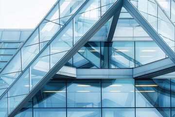 Obraz premium Modern Glass Facade with Triangular Metal Structure Close Up Architectural Detail White Background High Resolution