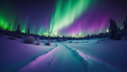 The aurora borealis dancing across the night sky, shimmering ribbons of green and purple illuminating a snow-covered landscape.