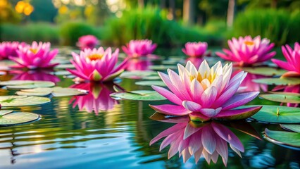 Fototapeta premium Vibrant pink water lilies floating on a serene pond , nature, flowers, aquatic, pink, beautiful, tranquil, garden, blooming