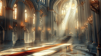 Gothic Fantasy Cathedral Interior with High Ceiling Stone Walls Arches Golden Ornaments Marble Floor Red Velvet Curtains Sunlight Through Windows