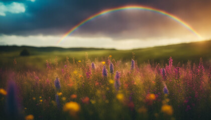 Wide shot of a vast field of wildflowers swaying gently in the summer breeze, with a vibrant rainbow arcing across the sky.