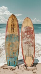 Two weathered surfboards standing upright on sandy beach by the ocean. Surfing lifestyle and beach vacation concept