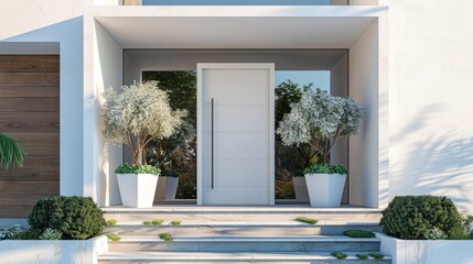 A striking white entrance door surrounded by geometric steps and white potted flowers exudes modern charm