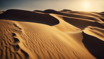 Windswept sand dunes sculpted by the desert breeze, their undulating curves casting long shadows in the golden light of dawn.