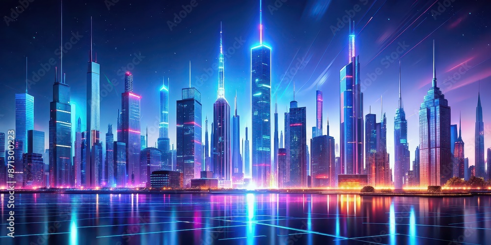 Sticker Mesmerizing holographic cityscape with futuristic skyline and luminous structures, cityscape, holographic, futuristic