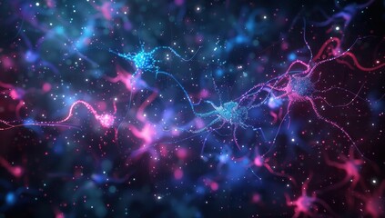 Fototapeta premium Abstract Neurons Illuminated by Blue and Pink Lights in Dark Space, Medical Science Concept