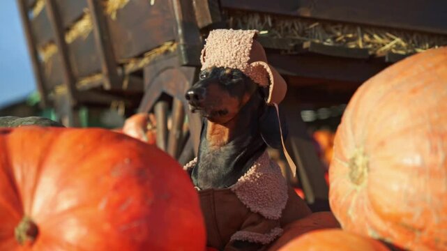 Portrait of proud dog farmer trader in ushanka hat at village market, selling quality eco pumpkins from farm with excellence, turns head Arrogant seller is proud of harvest at agricultural exhibition