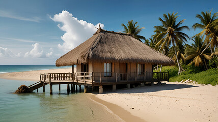 Fototapeta premium A house on a beach with a thatched roof and palm tree travel background. Ai generative