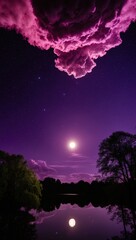 Fototapeta premium A starry purple night sky with huge pink clouds taking up most of the scenecanvas with afar bright moon