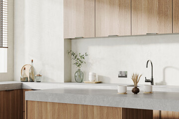 Modern home kitchen with kitchen island, 3d render