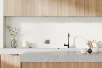 Kitchen island countertop with cups, modern kitchen background