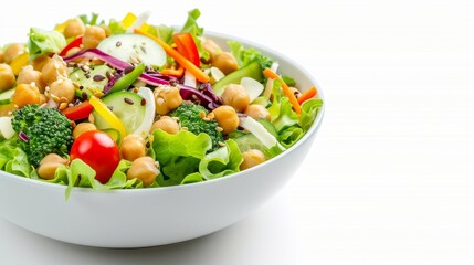 Healthy vegan salad bowl, chickpeas, vibrant vegetables, seeds, plant-based display, isolated background, studio lighting, great for food ads