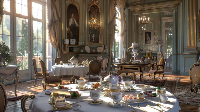 An elegant dining room bathed in warm light, adorned with opulent furniture and a lavishly set table for high tea, exudes grandeur and luxury.