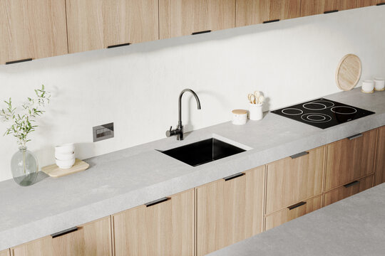 Kitchen countertop with sink, stove and kitchenware , 3d render