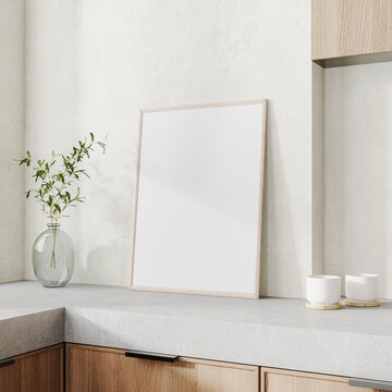 Poster frame mock up in modern kicthen interior background, 3d render