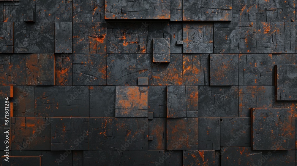 Poster abstract 3d rendering of black and orange textured blocks. digital art of abstract design of black c