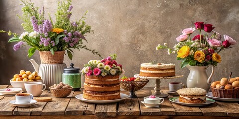 Rustic brunch table with homemade cakes and flowers , reserved, table setting, homemade, cakes, flowers, rustic, brunch