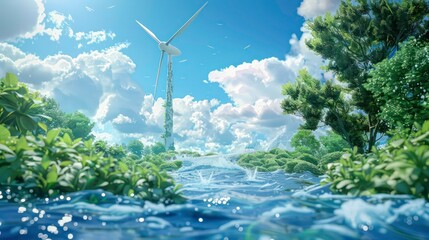 Illustration for Earth Day featuring a vibrant mix of elements like lush greenery flowing water clear skies fluffy clouds and a majestic wind turbine