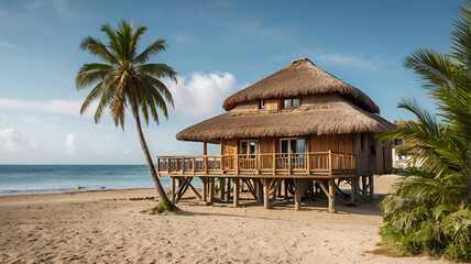 A house on a beach with a thatched roof and palm tree travel background. Ai generative