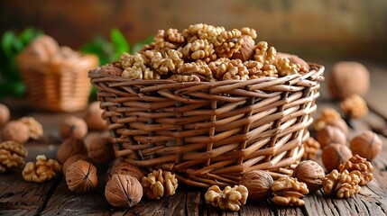 A brown wicker basket filled with whole cashews, positioned on a wooden surface with green plants and a wooden table in the background.