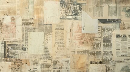 Vintage newspaper and book page collage with faded text and aged paper textures