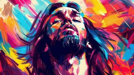 Jesus Christ. Abstract colorful background. Digital painting. Vector illustration. Generative AI