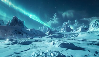 Naklejka premium Snowy Mountain Range Under a Turquoise Aurora Borealis