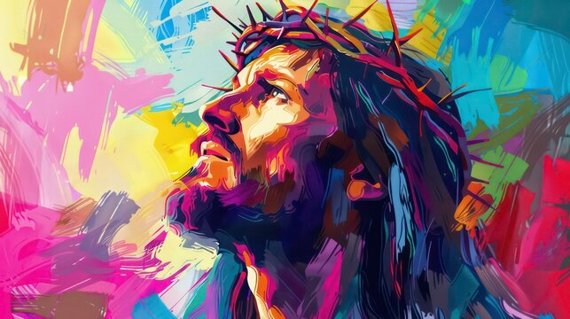 Jesus Christ. Abstract colorful background. Digital painting. Vector illustration. Generative AI
