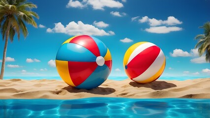 Summertime vacation backdrop featuring a vibrant beach ball floating in an opulent swimming pool and text space