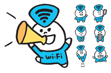電波を飛ばす青くかわいいwi-fiの妖精キャラ素材