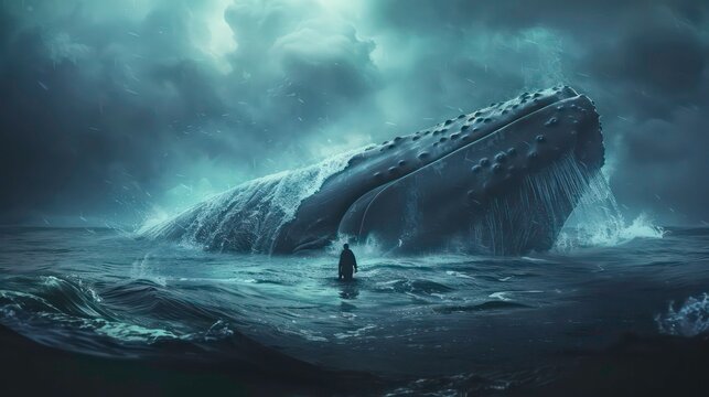 Jonah and the Whale. Whale with man in the ocean. Digital illustration. Generative AI