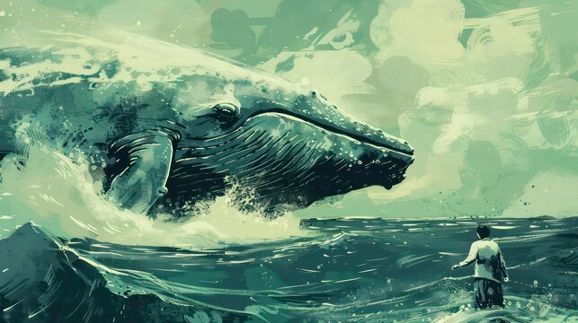 Jonah and the Whale. Whale with man in the ocean. Digital illustration. Generative AI