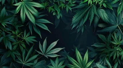 Lush Green Cannabis Leaves on a Dark Background. Marijuana Banner with Copy Space for Text. Generative AI