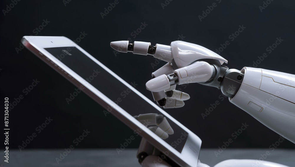Poster close-up of a robot hand interacting with a tablet, showcasing modern technology and automation.