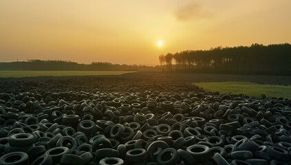 Obraz premium A large pile of old tires is seen in the foreground stretching out into the distance under a sunset sky.