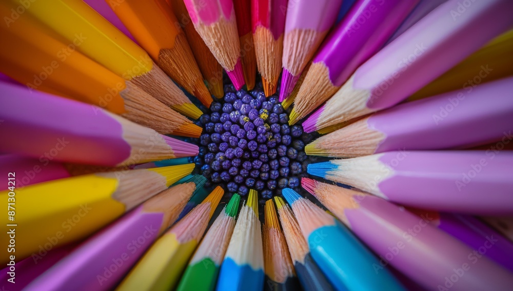 Poster close-up image of colorful pencils arranged in a circular pattern with their tips pointing inward.