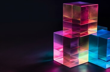 A vibrant close-up of three stacked glass blocks in blue, pink, and yellow colors illuminated against a dark background.