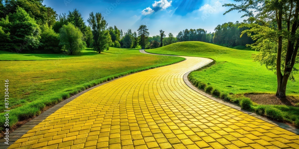 Sticker Bright yellow brick road winding through a lush emerald green landscape, yellow, brick road, winding, lush, emerald green