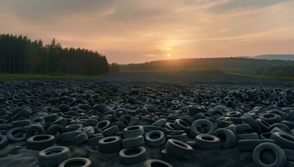 A large pile of old tires is seen in the foreground stretching far into the distance, with a beautiful sunset and a forest in the background.