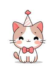 vector illustration of a cute cat wearing a tie and birthday hat in a cartoon, flat and minimalist style isolated on a white background