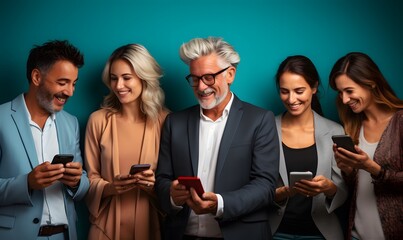 Happy seniors having fun watching funny video on smartphone against blue wall