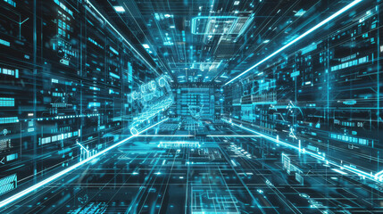 Obraz premium A futuristic digital tunnel with blue neon lights and complex data structures, simulating rapid data flow and high-tech environments.